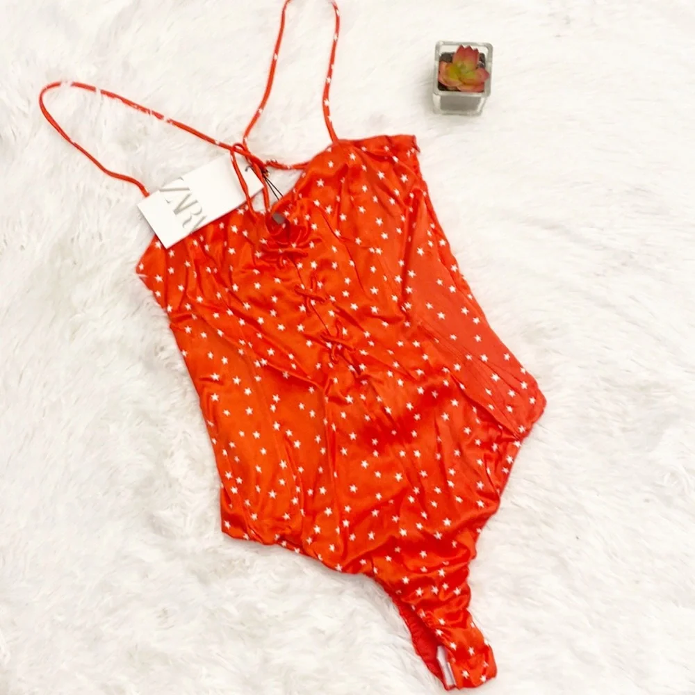 NWT ZARA | Red white stars print bodysuit top women’s Small - Picture 7 of 9